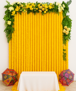 Alternative view of Pop of Color: Orange & Green Garland Backdrop Haldi/Mehndi decor