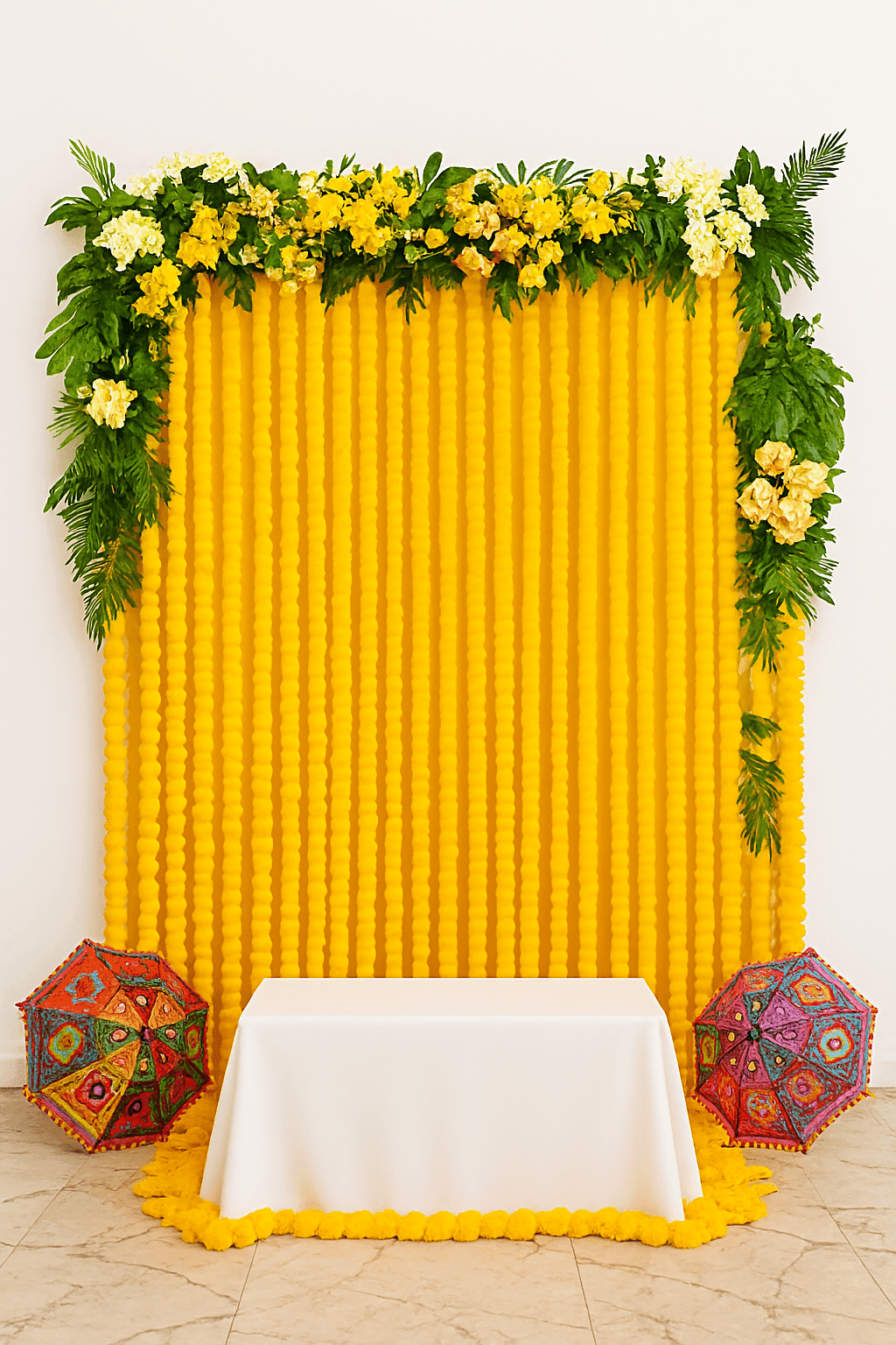 Pop of Color: Orange & Green Garland Backdrop Haldi/Mehndi decor - Image 2