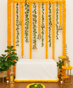 Pop of Color: Orange & Green Garland Backdrop Haldi/Mehndi decor