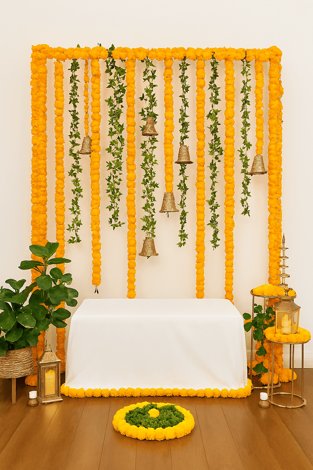 Pop of Color: Orange & Green Garland Backdrop Haldi/Mehndi decor