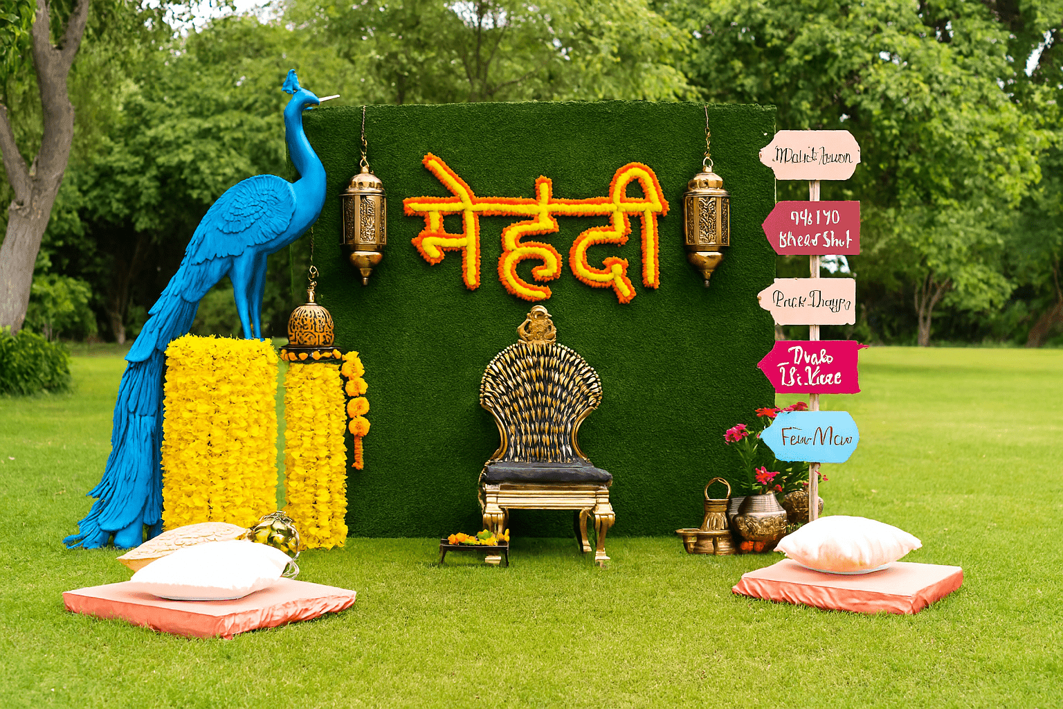 Vibrant & Grand: Peacock Theme Mehndi Decor