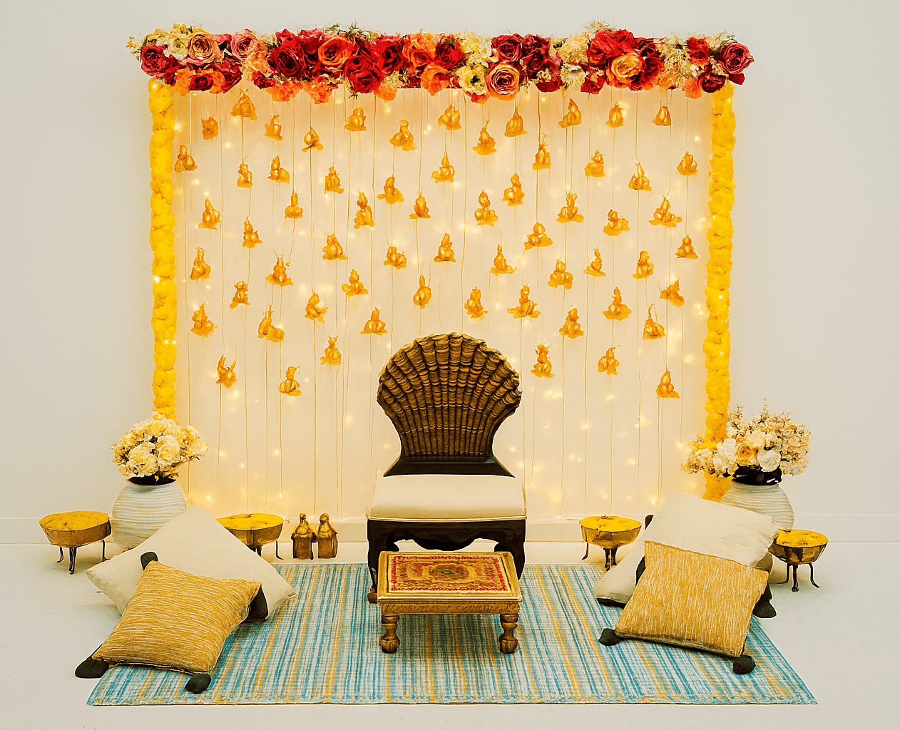 Vibrant Haldi & Mehndi Decor with Flowers and Tassels