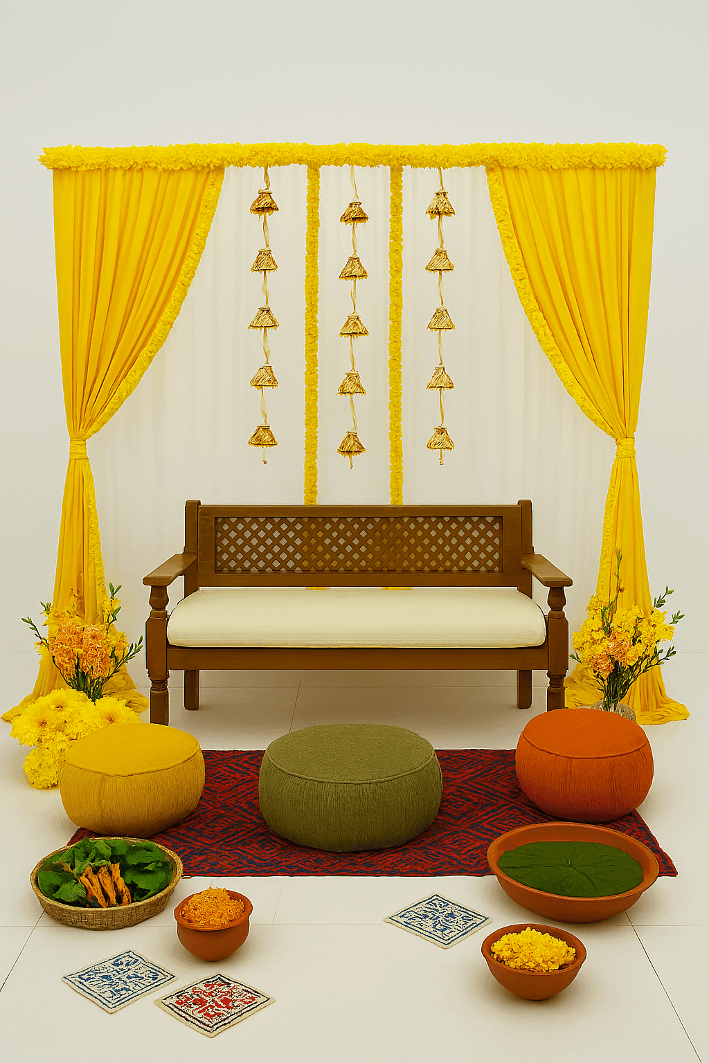 Vibrant Haldi & Mehndi Decor with Flowers and Tassels - Image 4