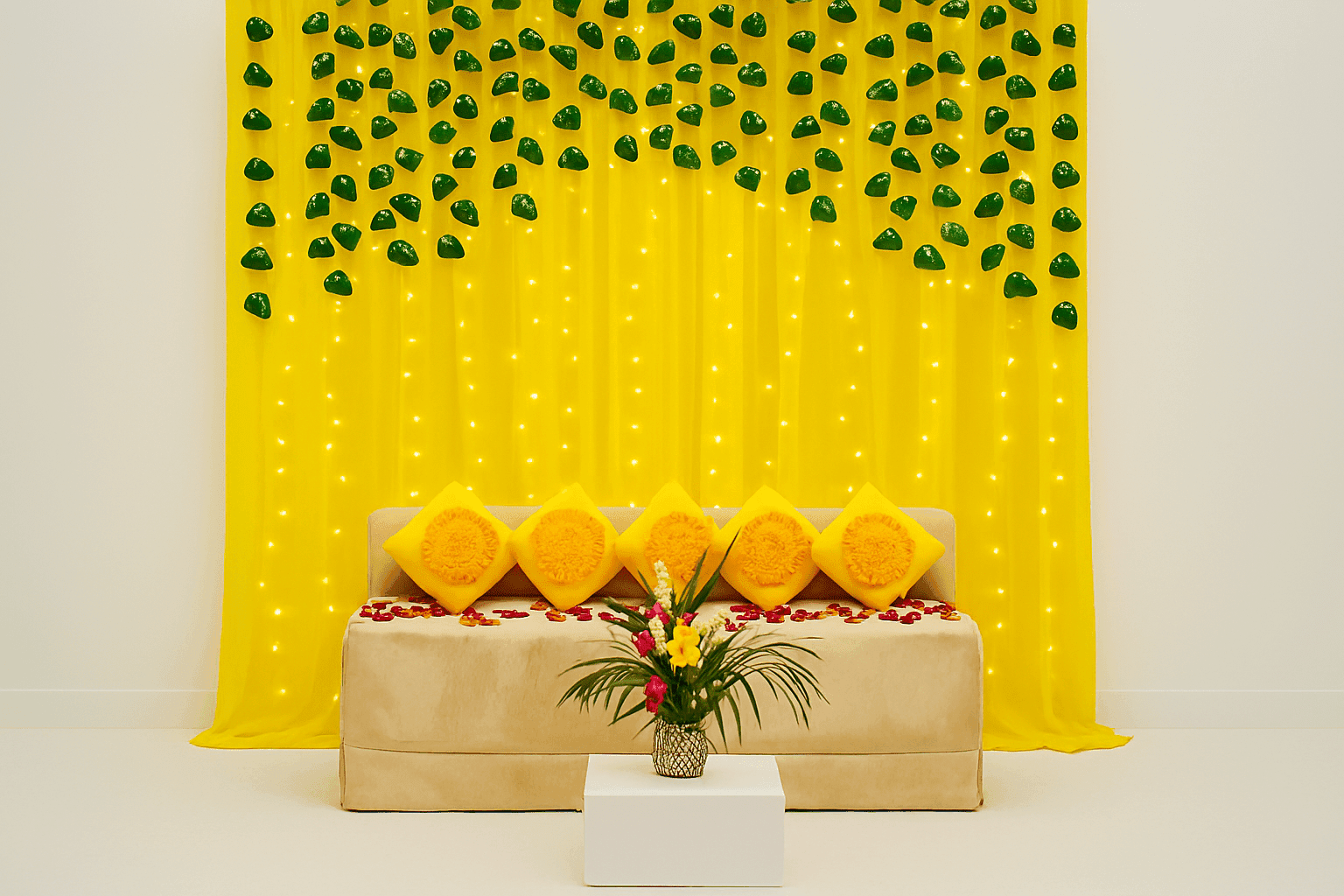 Vibrant Haldi & Mehndi Decor with Flowers and Tassels - Image 2