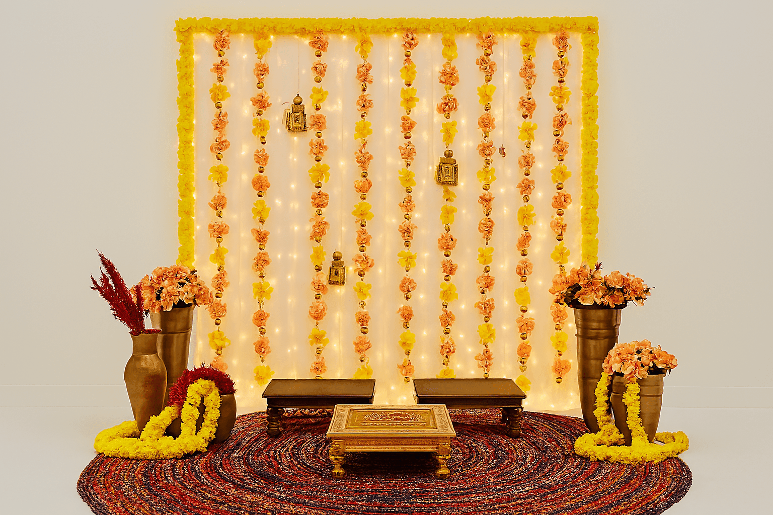 Vibrant Haldi & Mehndi Decor with Flowers and Tassels - Image 3