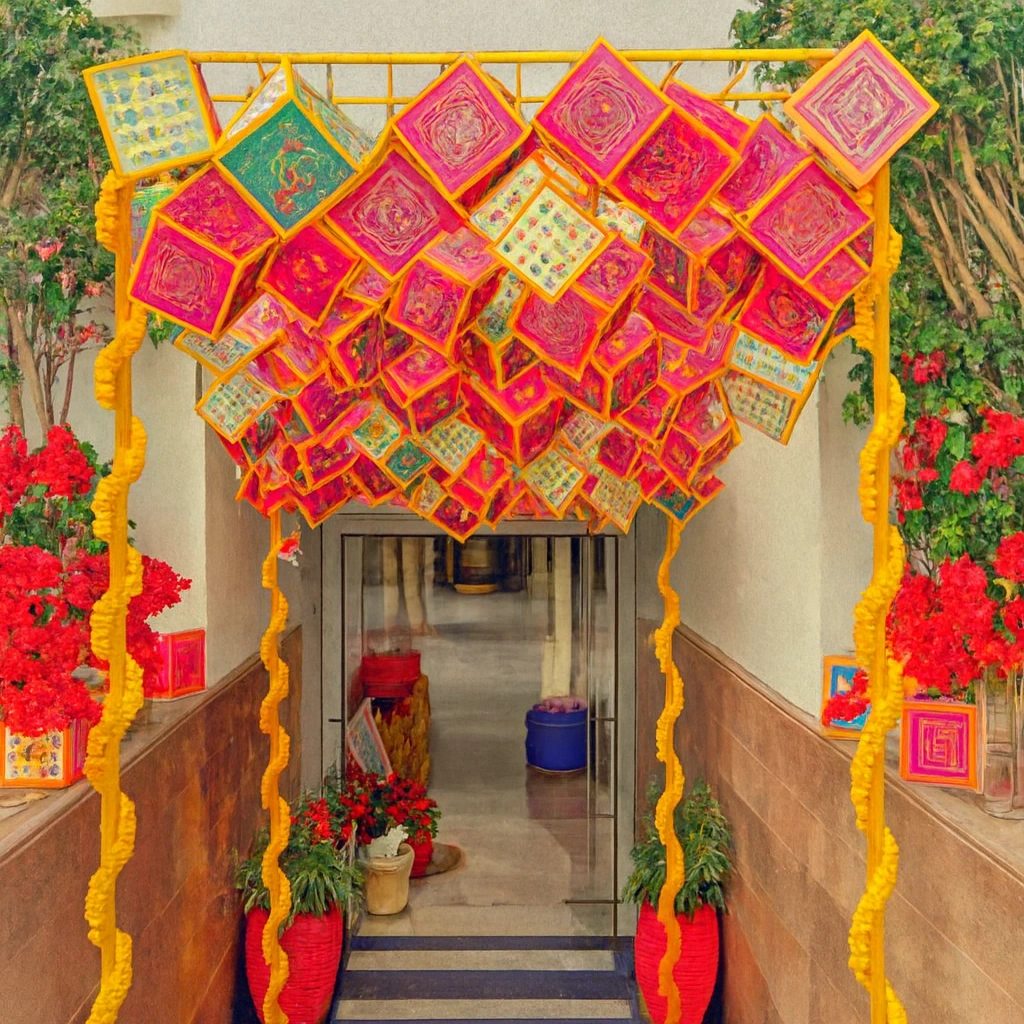 Artistic ceiling hanging decor with vibrant pastel drapes and traditional elements for Lohri celebrations.