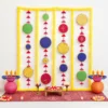 Elegant traditional pastel Lohri theme with vibrant drapes, Punjabi figurines, festive decor, and celebratory text.