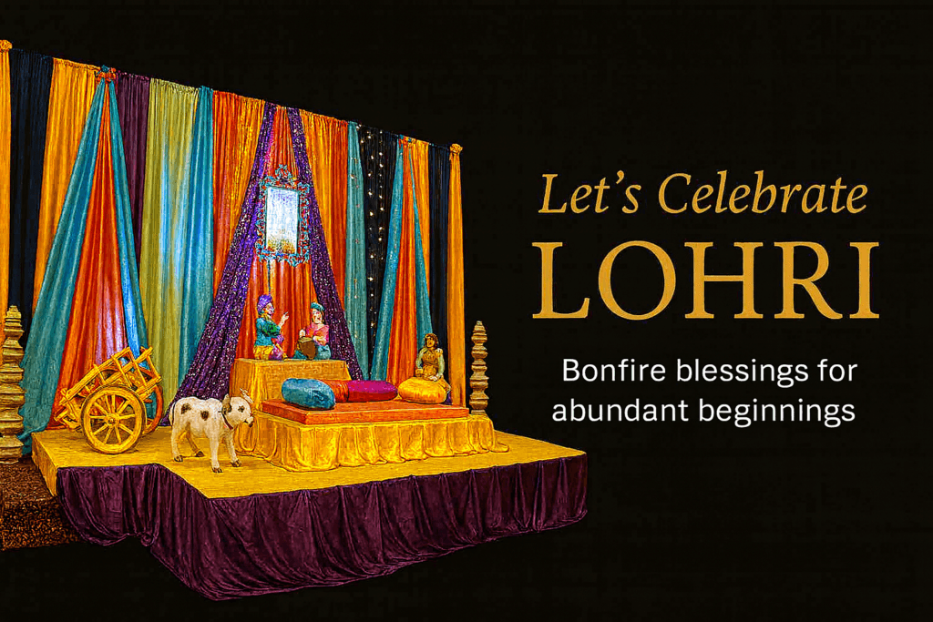 Festive Lohri stage with colorful drapes, Punjabi figurines, and celebratory text for traditional Indian celebration.