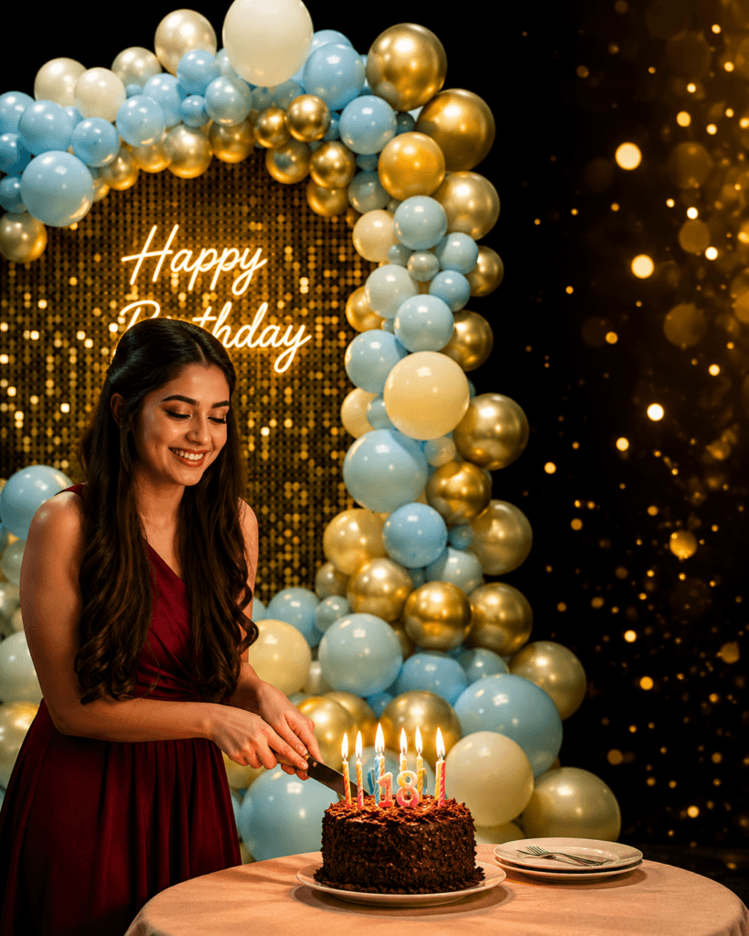 Elegant birthday decoration for her with balloon backdrop and cake setup