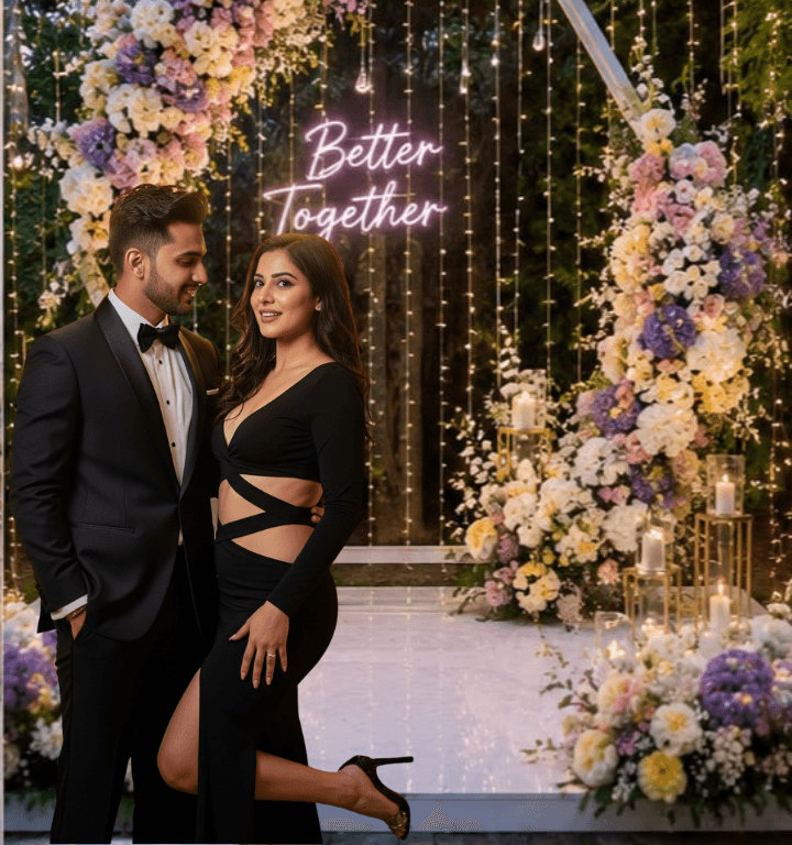 Romantic anniversary decoration with floral backdrop and fairy lights in Delhi NCR