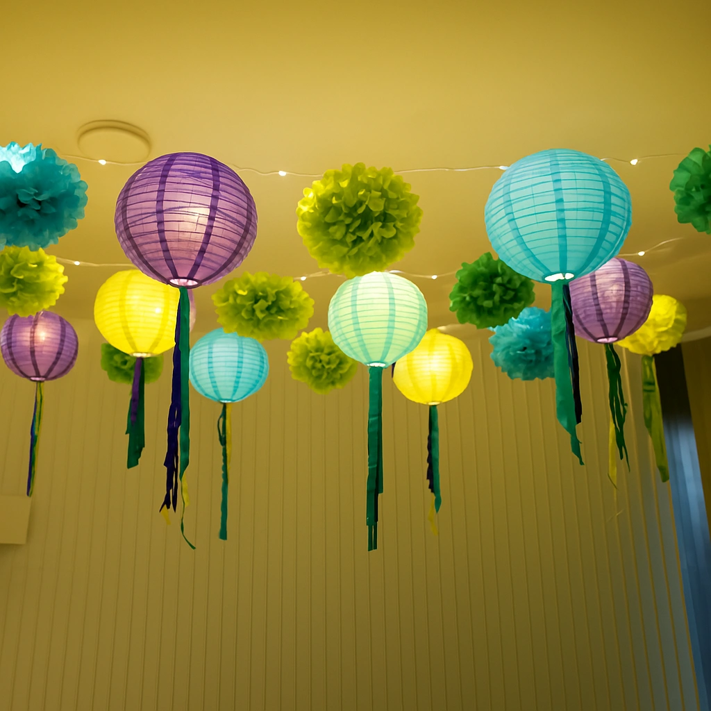 Festive Holi decoration with lights for a home celebration