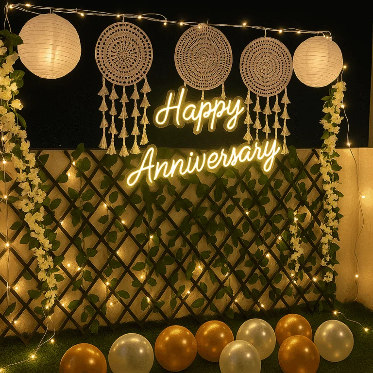 Elegant anniversary backdrop with fairy lights, greenery, dreamcatchers, hanging lanterns and illuminated Happy Anniversary sign