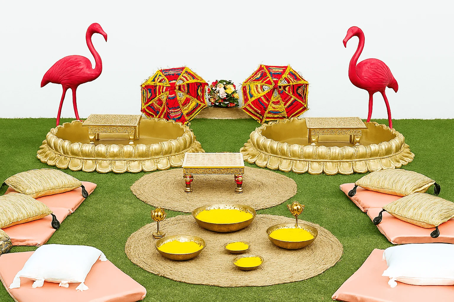 Haldi and Mehndi decoration with lotus urli styling