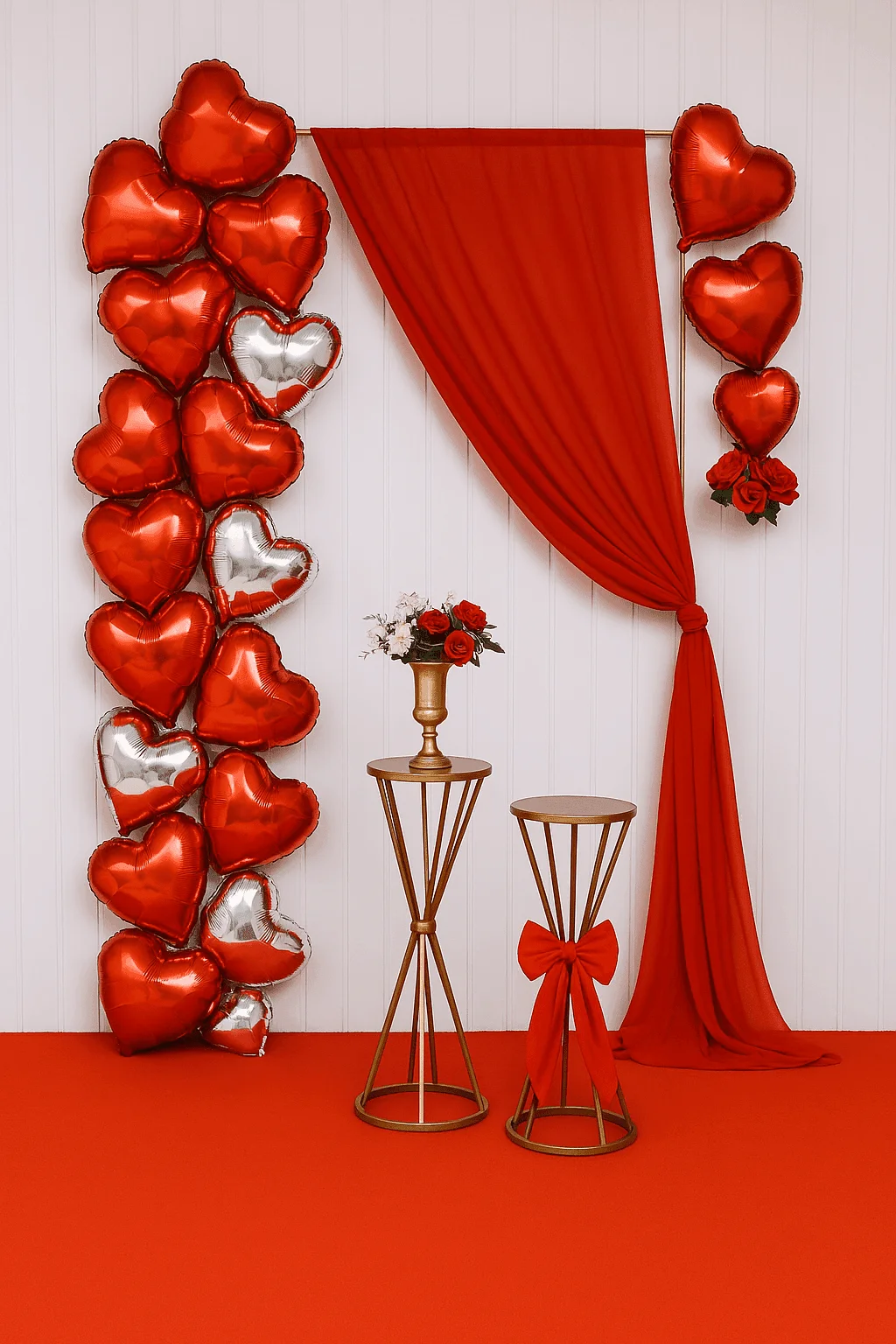 Red heart balloon anniversary backdrop with red drapes, metallic heart balloons, roses and gold pedestal stands