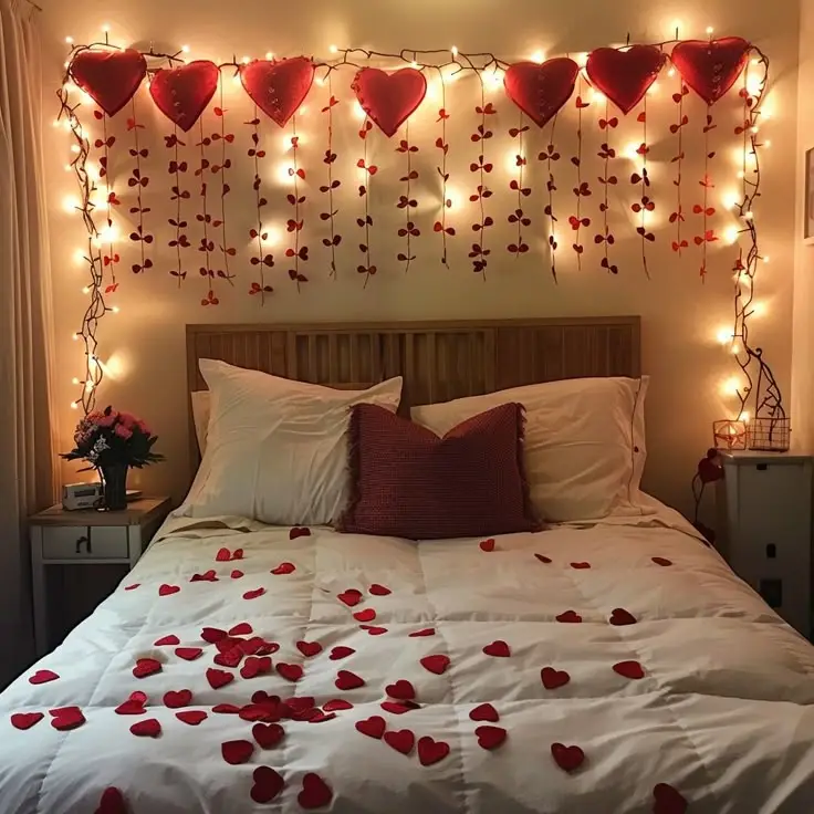Romantic anniversary bedroom decoration with fairy lights, red heart balloons, hanging hearts and rose petals