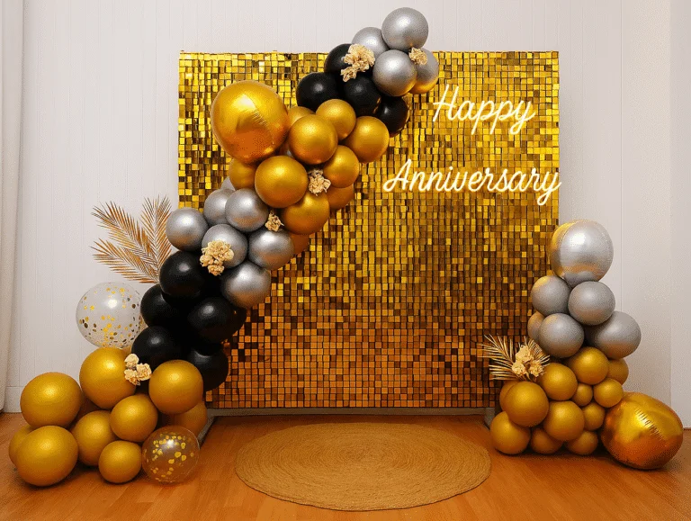 Gold and black premium anniversary sequin backdrop with balloons