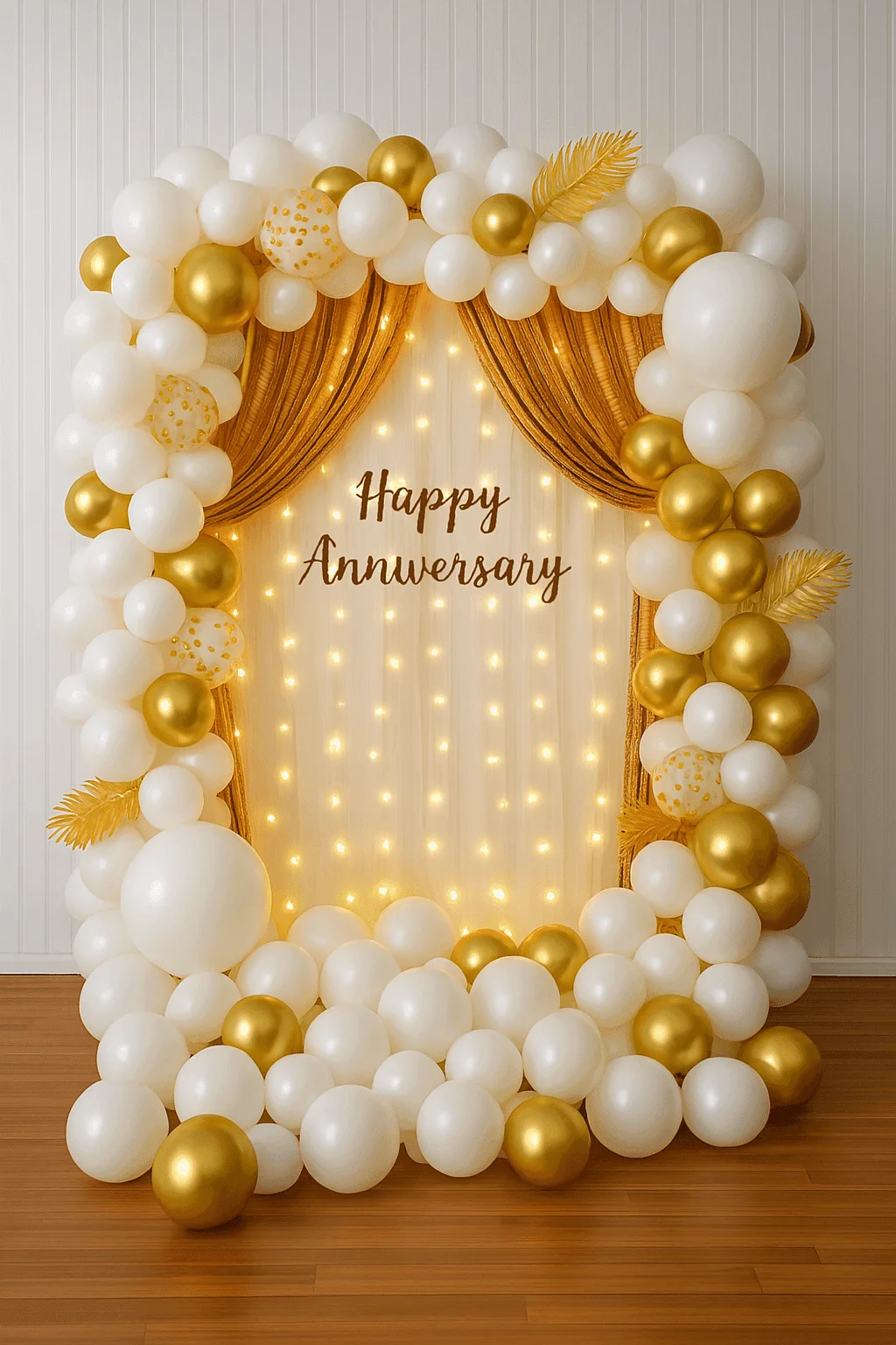 White and gold anniversary decoration with balloon arch, draped backdrop, fairy lights and Happy Anniversary sign