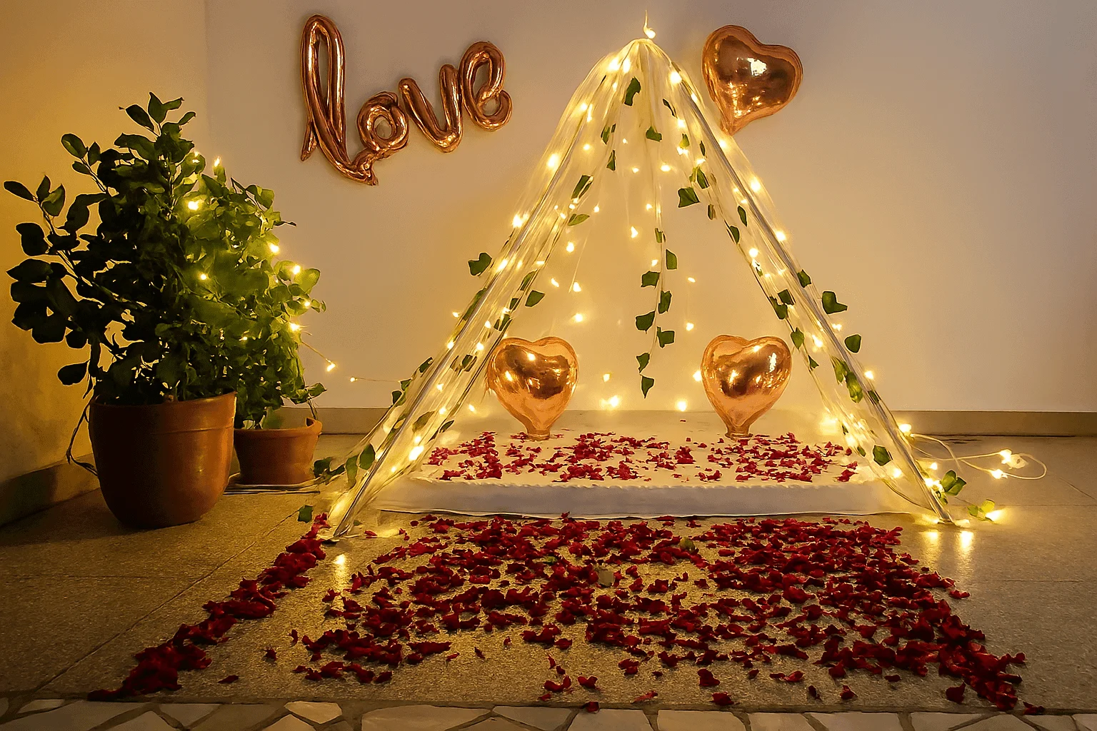Romantic anniversary canopy decoration with fairy lights, greenery, rose petals, heart balloons and LOVE foil letters