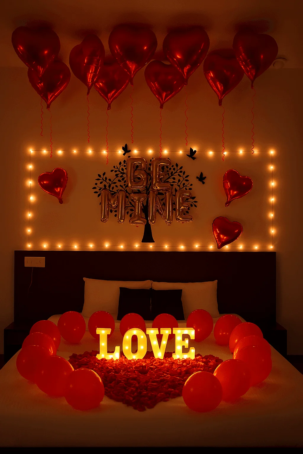 Romantic anniversary decoration at home with red balloons, fairy lights, rose petals and LOVE marquee letters