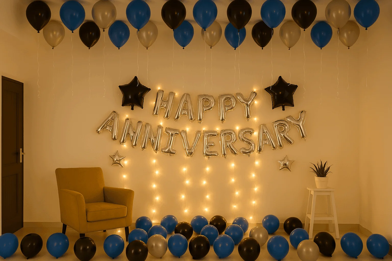 Blue, black and silver anniversary room decoration with ceiling balloons, Happy Anniversary foil letters, star balloons and fairy lights