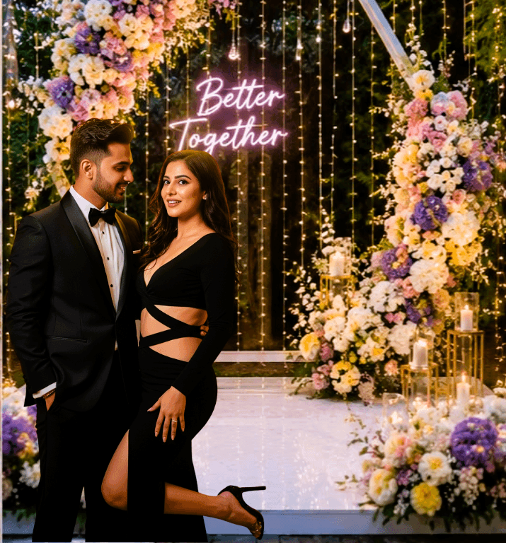 Romantic anniversary decoration with floral arch, fairy lights, candles and Better Together neon sign