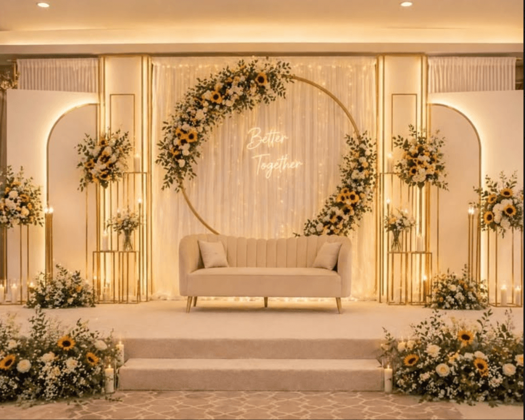 Premium floral birthday decoration with elegant ring backdrop and balloon styling