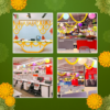 Collage of Diwali reception and workstation decoration with yellow garlands, colourful paper lanterns and hanging festive accents