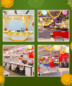Collage of Diwali reception and workstation decoration with yellow garlands, colourful paper lanterns and hanging festive accents