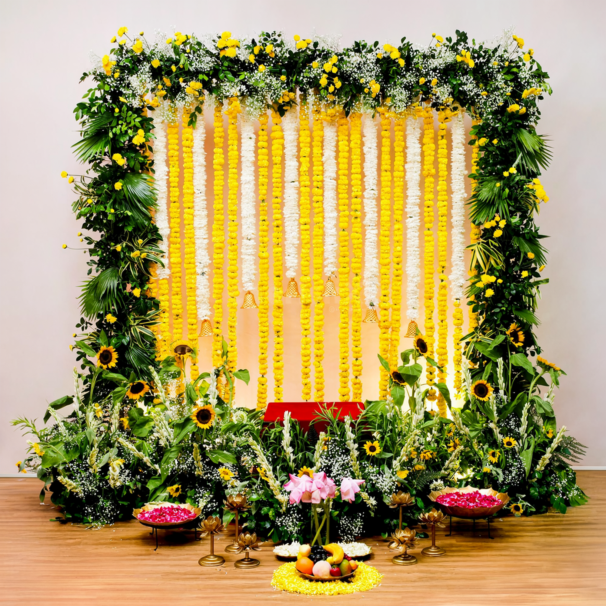 Fresh Lotus & Sunflower Puja Backdrop