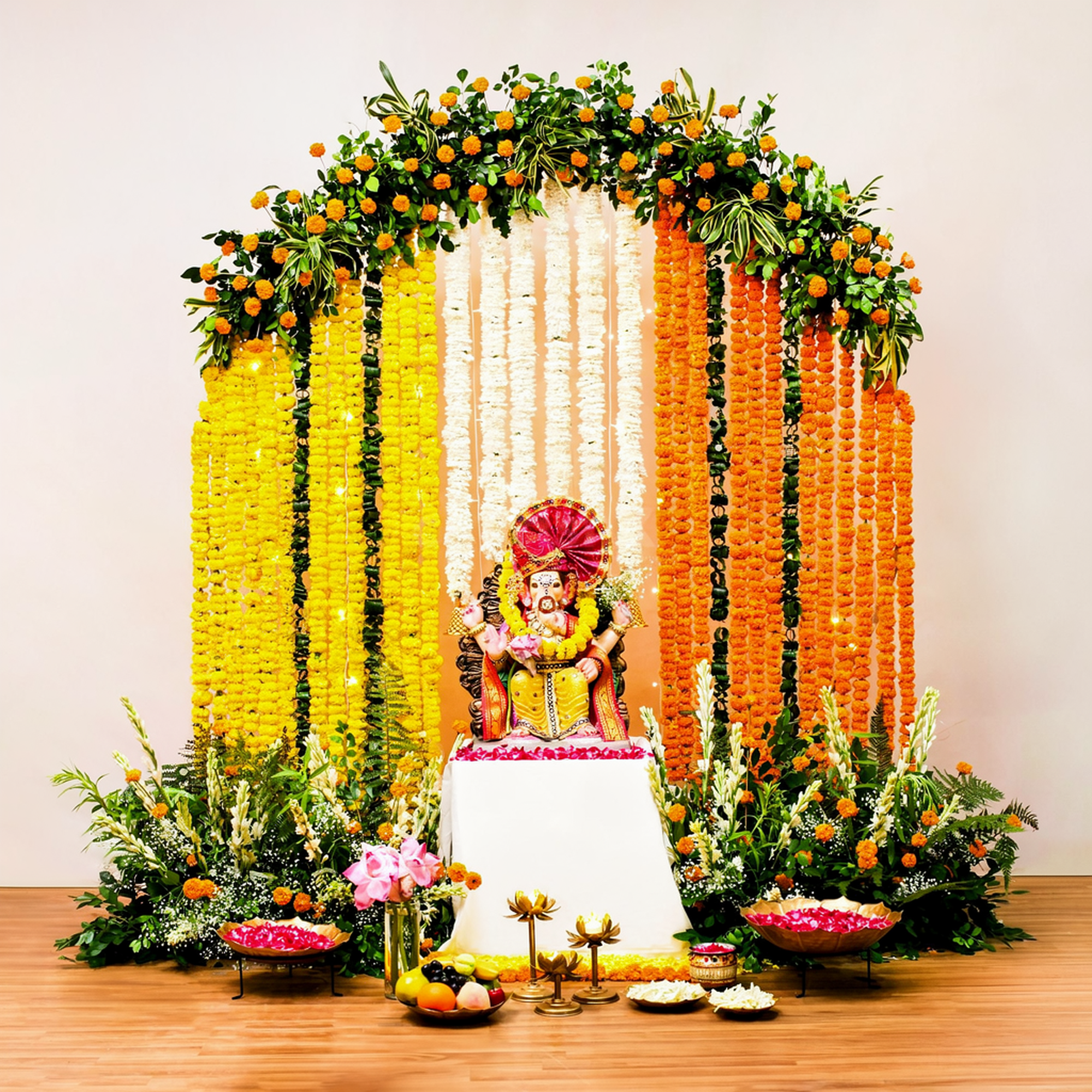 Fresh Marigold & Greenery Ganpati Ring Backdrop