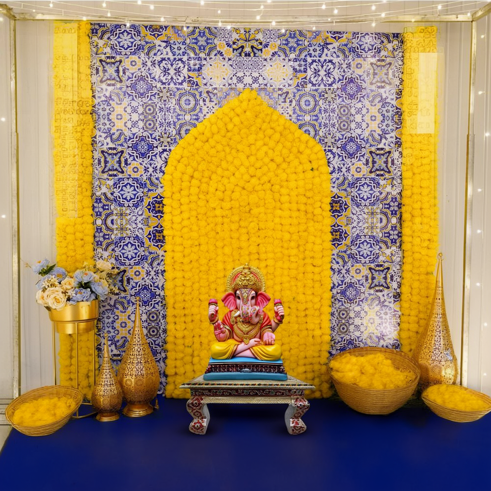 Mediterranean Blue & Yellow Ganpati Backdrop