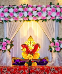 Pink & White Floral Ganpati Backdrop with Blue Accents - Image 4