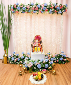 Pink & White Floral Ganpati Backdrop with Blue Accents