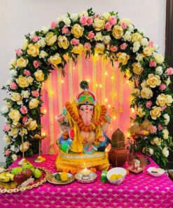Pink & White Floral Ganpati Backdrop with Blue Accents - Image 3