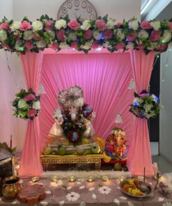 Pink & White Floral Ganpati Backdrop with Blue Accents - Image 2