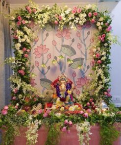 Pink & White Fresh Floral Ganpati Backdrop - Image 4