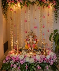 Pink & White Fresh Floral Ganpati Backdrop - Image 3