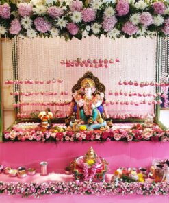 Pink & White Fresh Floral Ganpati Backdrop - Image 2