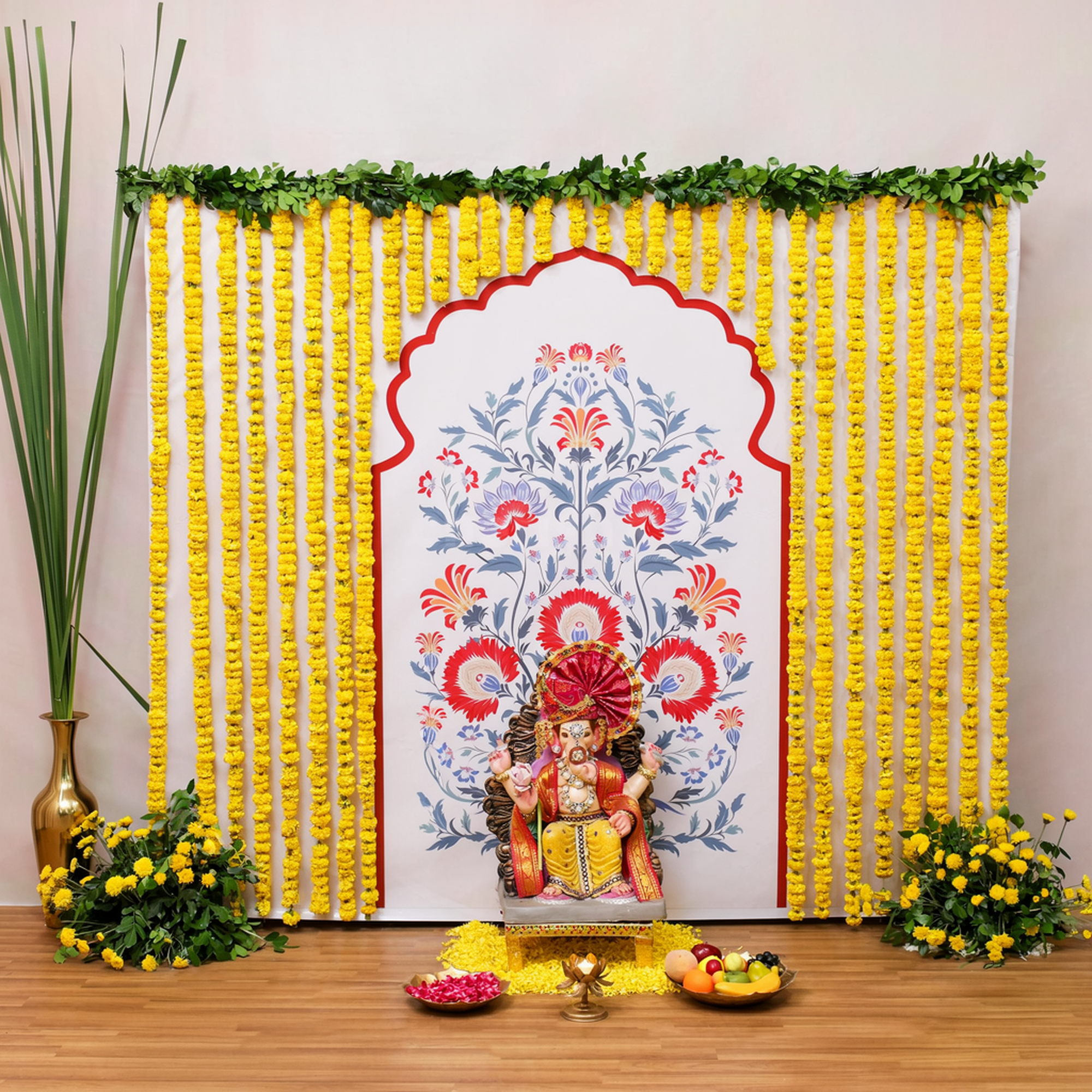 Rangoli & Fresh Marigold Ganpati Backdrop