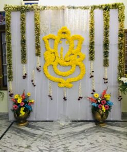 Yellow Garland & Betel Leaf Ganpati Backdrop - Image 2