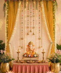 Yellow Garland & Fairy Light Ganpati Backdrop - Image 3