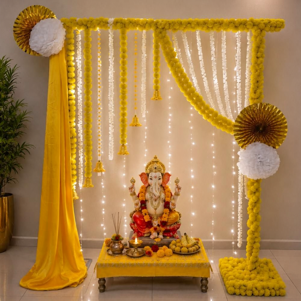 Yellow Satin & Jasmine Festive Puja Backdrop