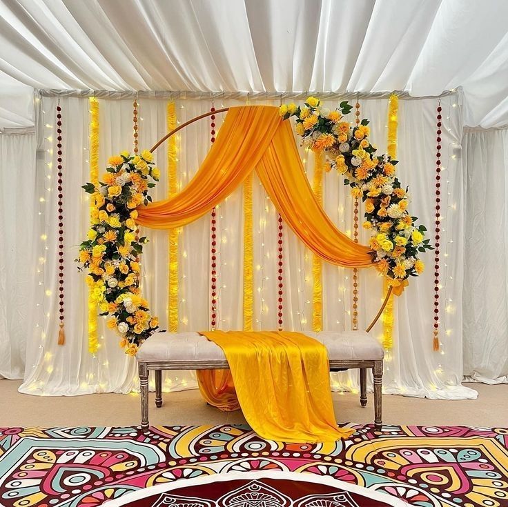 Yellow Satin & Jasmine Festive Puja Backdrop - Image 3