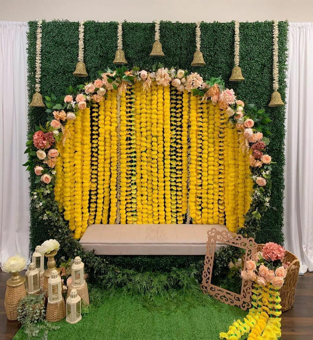 Yellow Satin & Jasmine Festive Puja Backdrop - Image 2